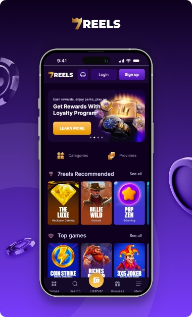 SevenReels mobile casino home screen with recommended and top games