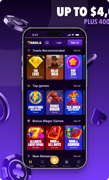 SevenReels lobby with Recommended Top games and Bonus Wager rows