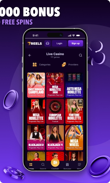 SevenReels live casino screen with welcome package headline